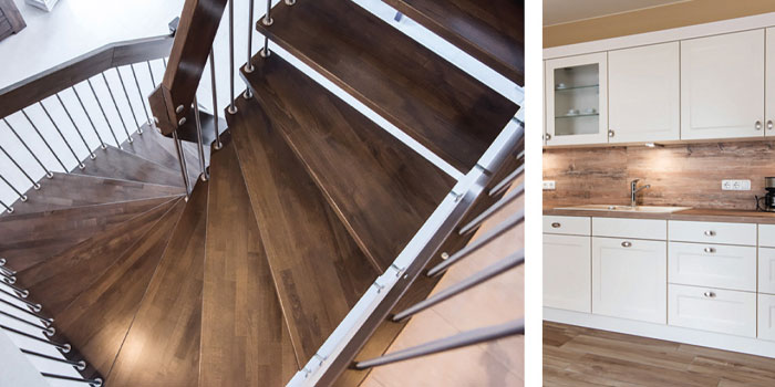 Haus-Rieseby-Innenraumansichten-zweifach gewandelte Holztreppe - weiße Einbauküche
